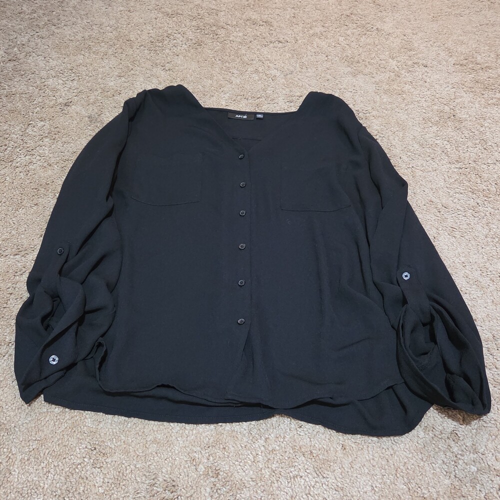 Apt 9 Black Blouse Womens XL V-Neck Roll Tab Sleeve Lightweight Shirt Casual Top - Picture 2 of 16